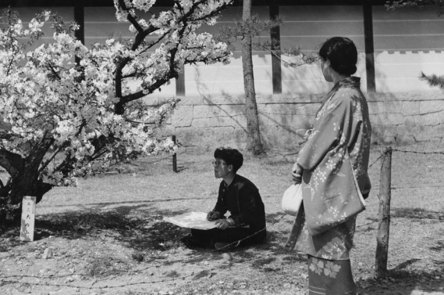 A woman sitting under a cherry tree sketches blossoms as another woman in a kimono looks on in Japan in 1955. GETTY IMAGES